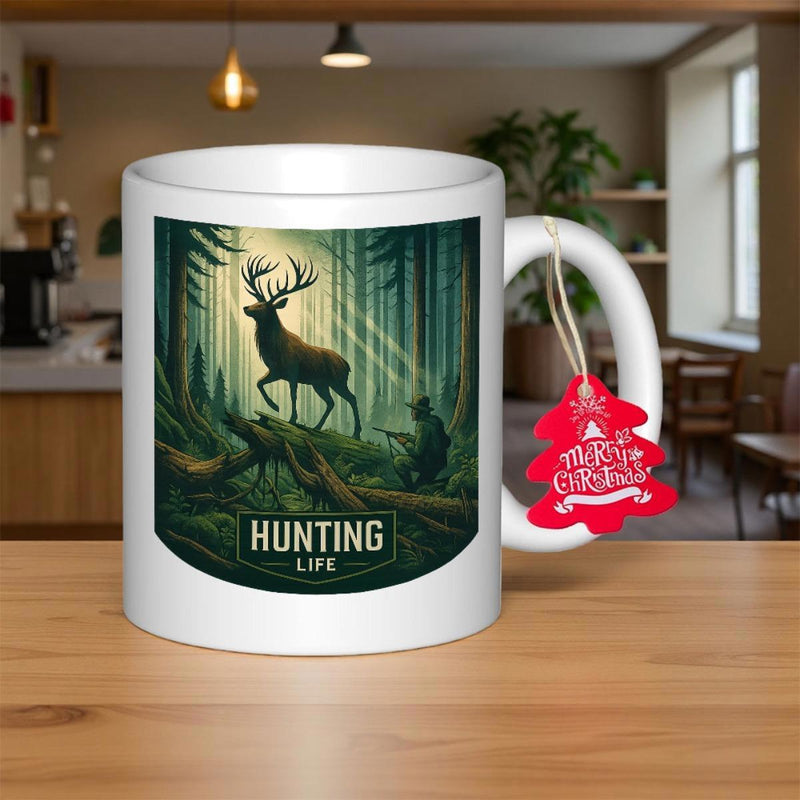 Tailorly White Ceramic 11 oz Mug - Hunting Life Majestic Stag Standing In Misty Forest Under Soft Golden Sunbeams Deer