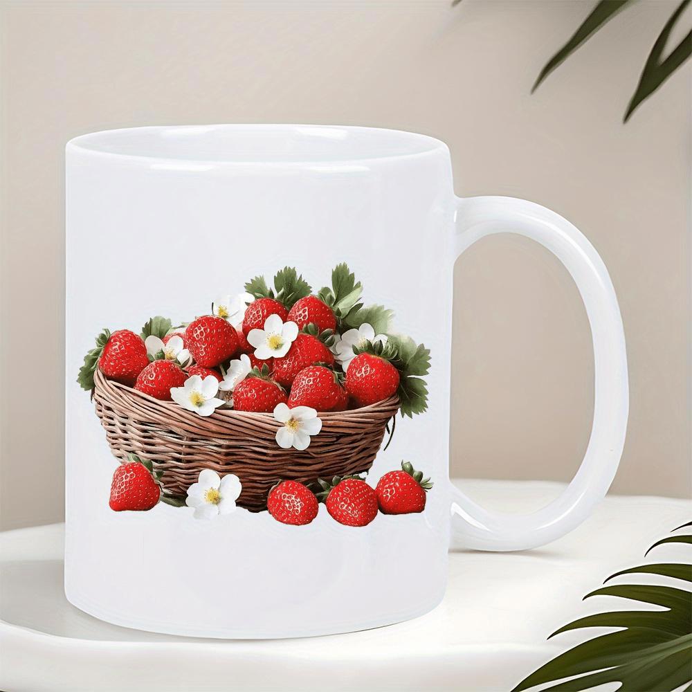Tailorly White Ceramic 11 oz Mug - Rustic Woven Basket Filled With Ripe Red Fruits And White Flowers Strawberry