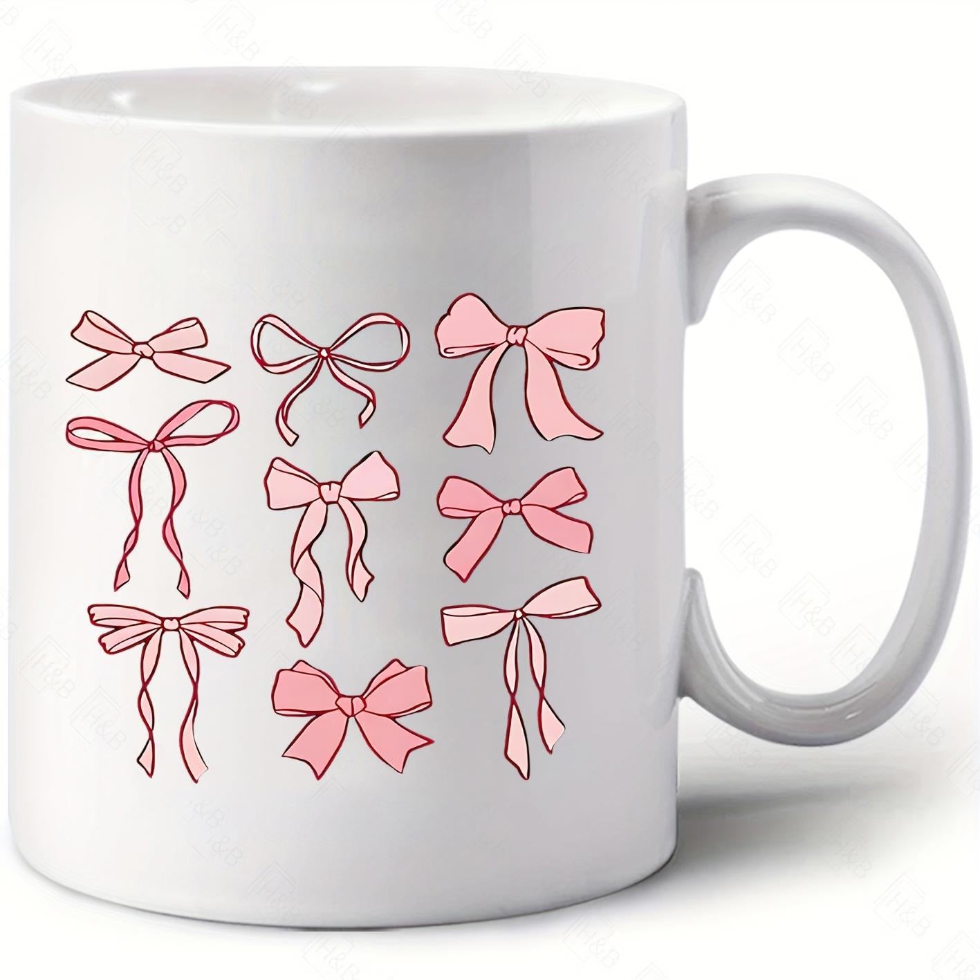 Tailorly White Ceramic 11 oz Mug - Elegant Pink Ribbons Arranged Neatly On A Pristine Ceramic Surface Bow