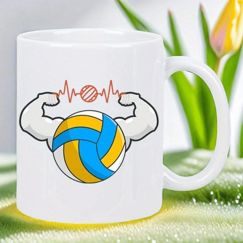 Tailorly White Ceramic 11 oz Mug - Strong Athletic Flexing Arms Surrounded By Red Heartbeat Line Graphic Volleyball
