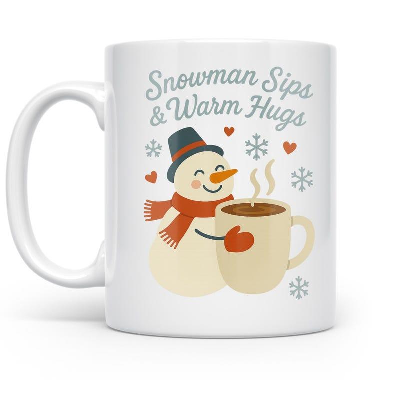 Tailorly White Ceramic 11 oz Mug - Snowman Sips Warm Hugs Cute Snowman Wearing Scarf Holding Steaming Hot Cocoa Among Winter Snowflakes Snowman