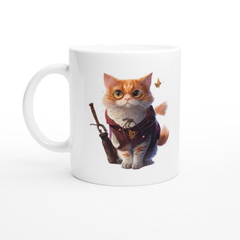 Tailorly White Ceramic 11 oz Mug - Charming Fluffy Ginger Feline Wearing Brown Leather Explorer Vest Holding Tiny Umbrella Cat