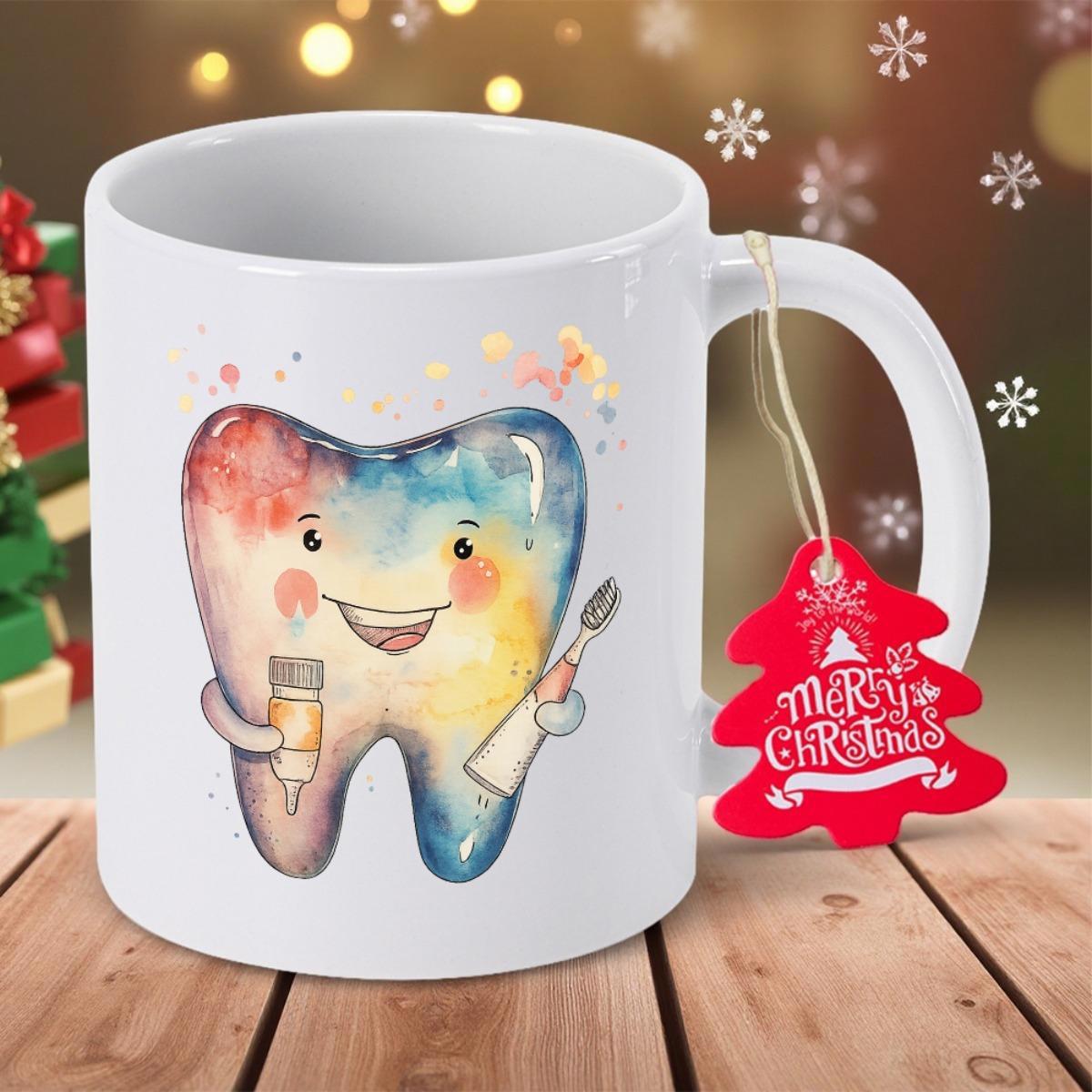 Tailorly White Ceramic 11 oz Mug - Merry Christmas Colorful Watercolor Cartoon Character Holding Toothbrush And Toothpaste Smiling Happy Tooth