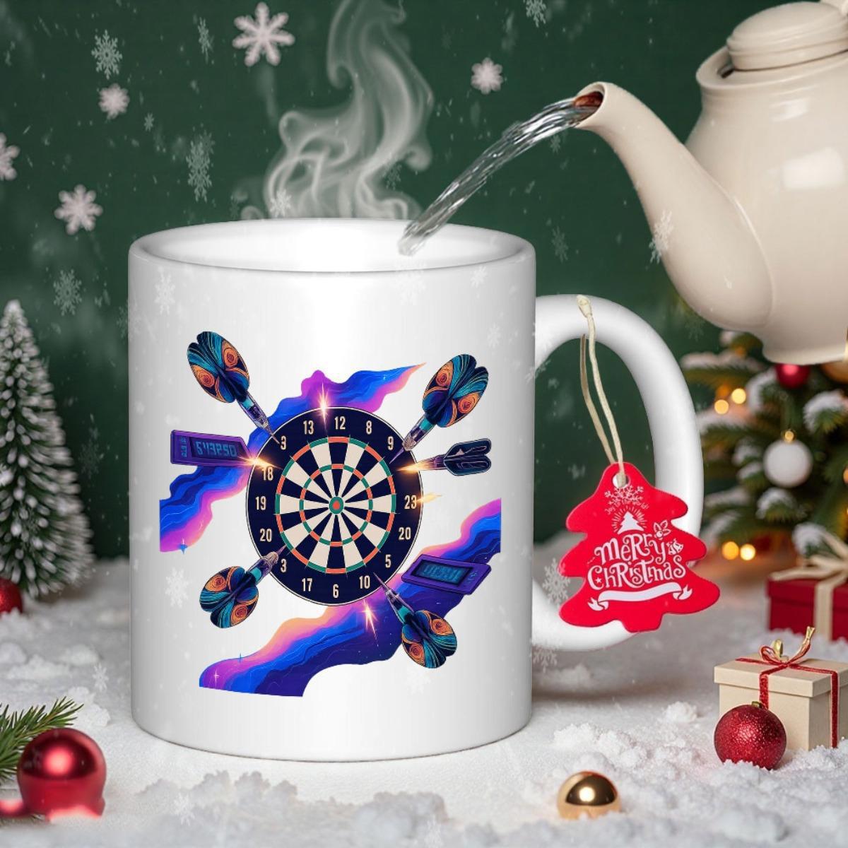 Tailorly White Ceramic 11 oz Mug - Vibrant Colorful Nebula Background With Professional Sharp Darts Floating Around Dartboard