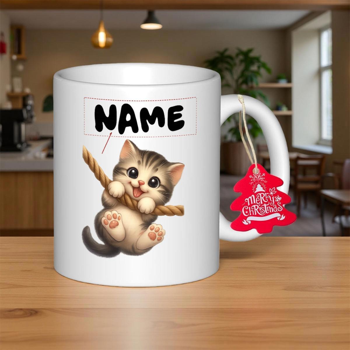 Tailorly White Ceramic 11 oz Mug - Name Merry Christmas Adorable Striped Tabby Kitten Climbing A Thick Brown Braided Rope Cat