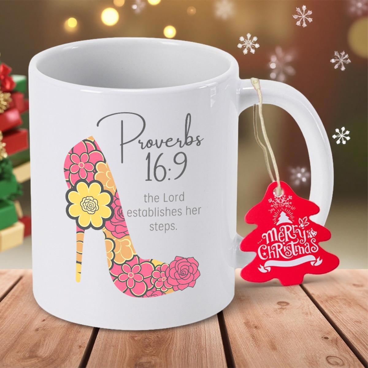 Tailorly White Ceramic 11 oz Mug - Proverbs 16 9 The Lord Establishes Her Steps Elegant High Heel Filled With Pink And Yellow Blooming Flowers Shoe
