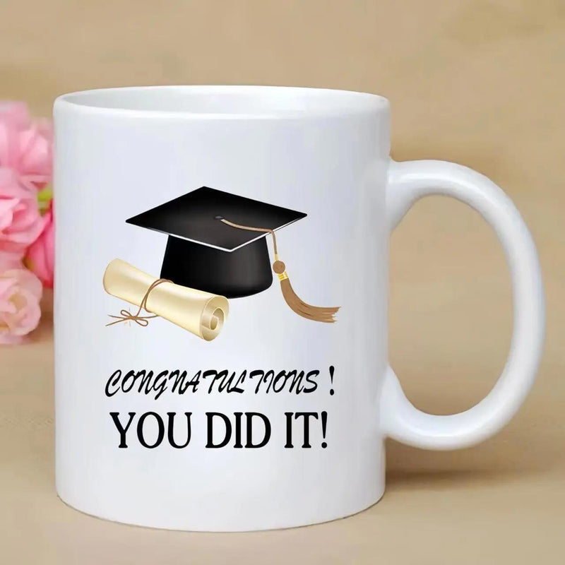 Tailorly White Ceramic 11 oz Mug - Congratulations You Did It Classic Black Mortarboard With Gold Tassel And Achievement Scroll Graduation Cap