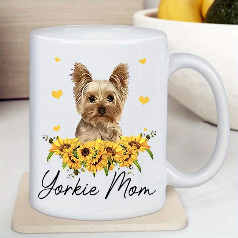 Tailorly White Ceramic 11 oz Mug - Yorkie Mom Adorable Dog Portrait Resting Atop Blooming Sunflowers Among Floating Hearts Yorkshire Terrier
