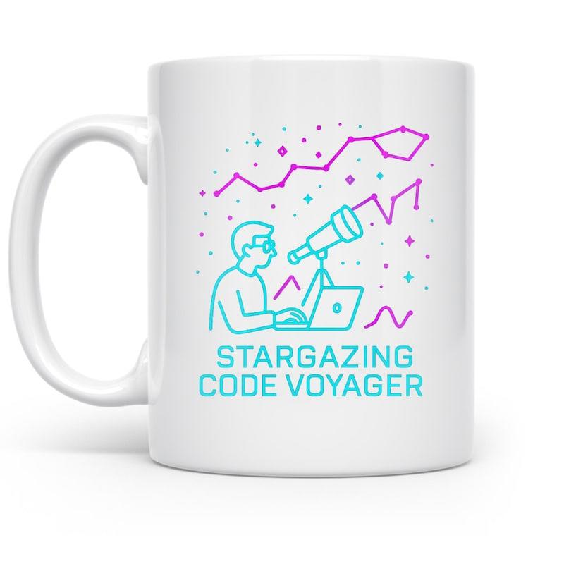Tailorly White Ceramic 11 oz Mug - Stargazing Code Voyager Creative Linear Art Man With Laptop And Telescope Under Galaxy Night Sky Stargazer