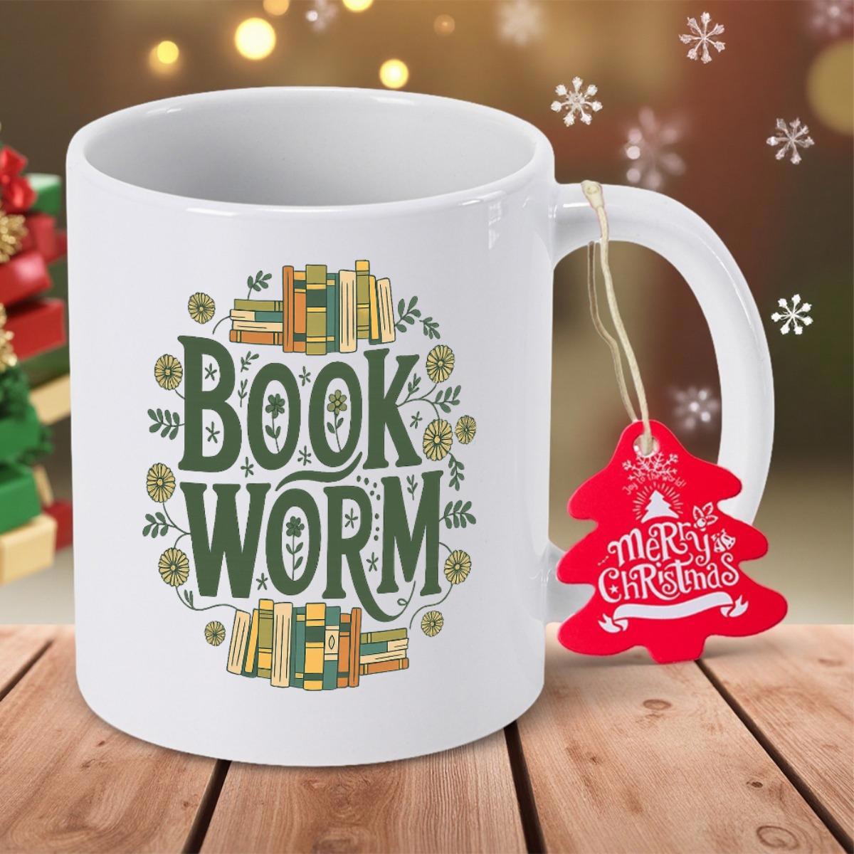 Tailorly White Ceramic 11 oz Mug - Book Worm Merry Christmas Vintage Stacks Of Literature Amidst Decorative Green Leafy Floral Elements Books