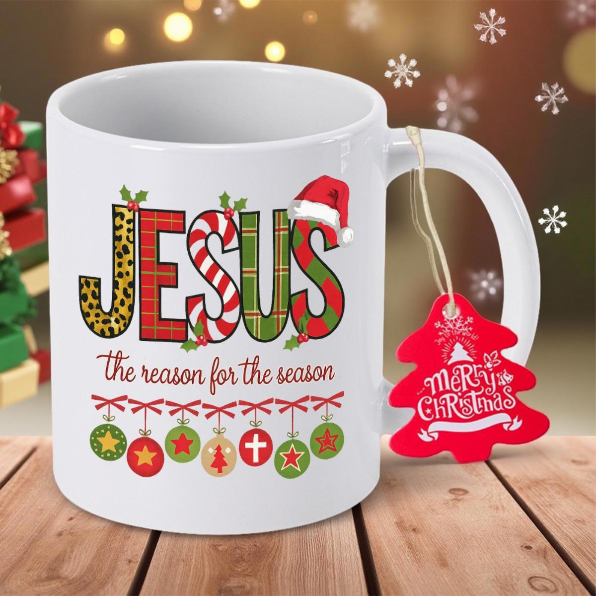 Tailorly White Ceramic 11 oz Mug - Jesus The Reason For The Season Festive Holiday Letters With Hanging Colorful Baubles And Stars Sign