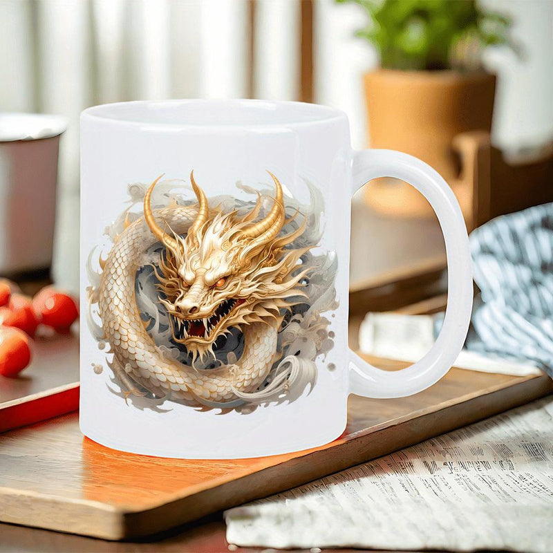Tailorly White Ceramic 11 oz Mug - Majestic Golden Mythical Creature With Swirling Grey Smoke And Clouds Dragon