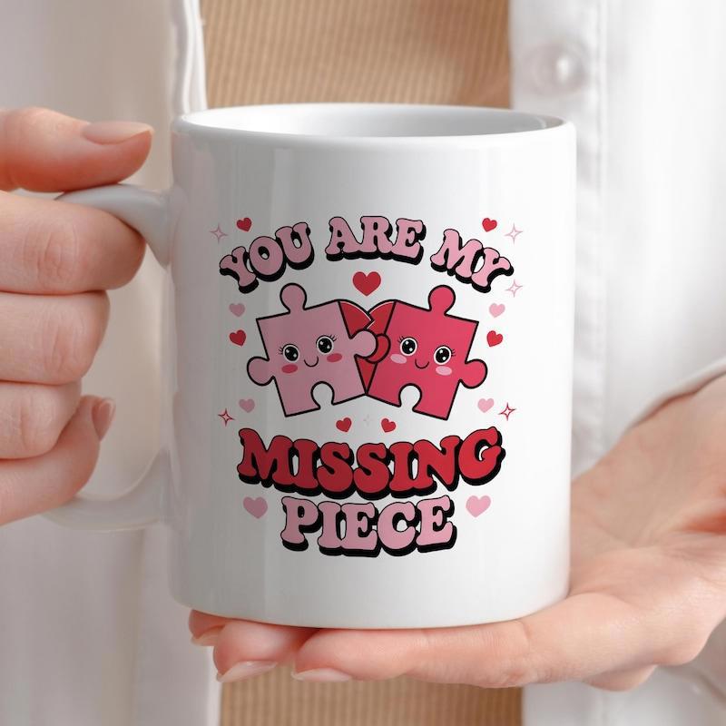 Tailorly White Ceramic 11 oz Mug - You Are My Missing Piece Two Adorable Interlocking Cute Characters Surrounded By Hearts Puzzle