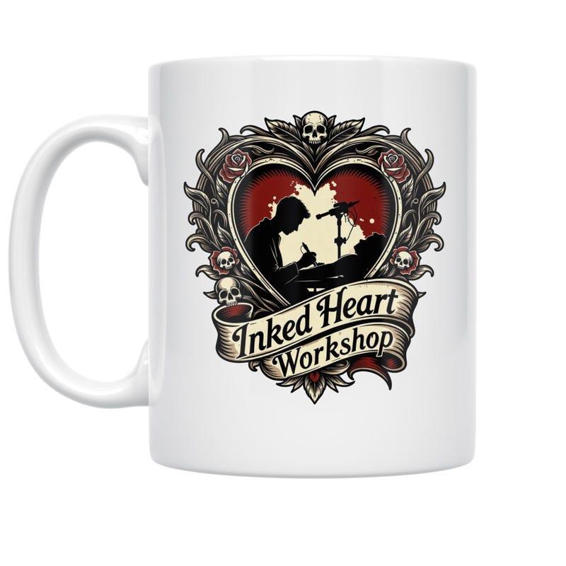 Tailorly White Ceramic 11 oz Mug - Inked Heart Workshop Ornate Gothic Frame With Skulls Surrounding A Tattoo Artist Heart