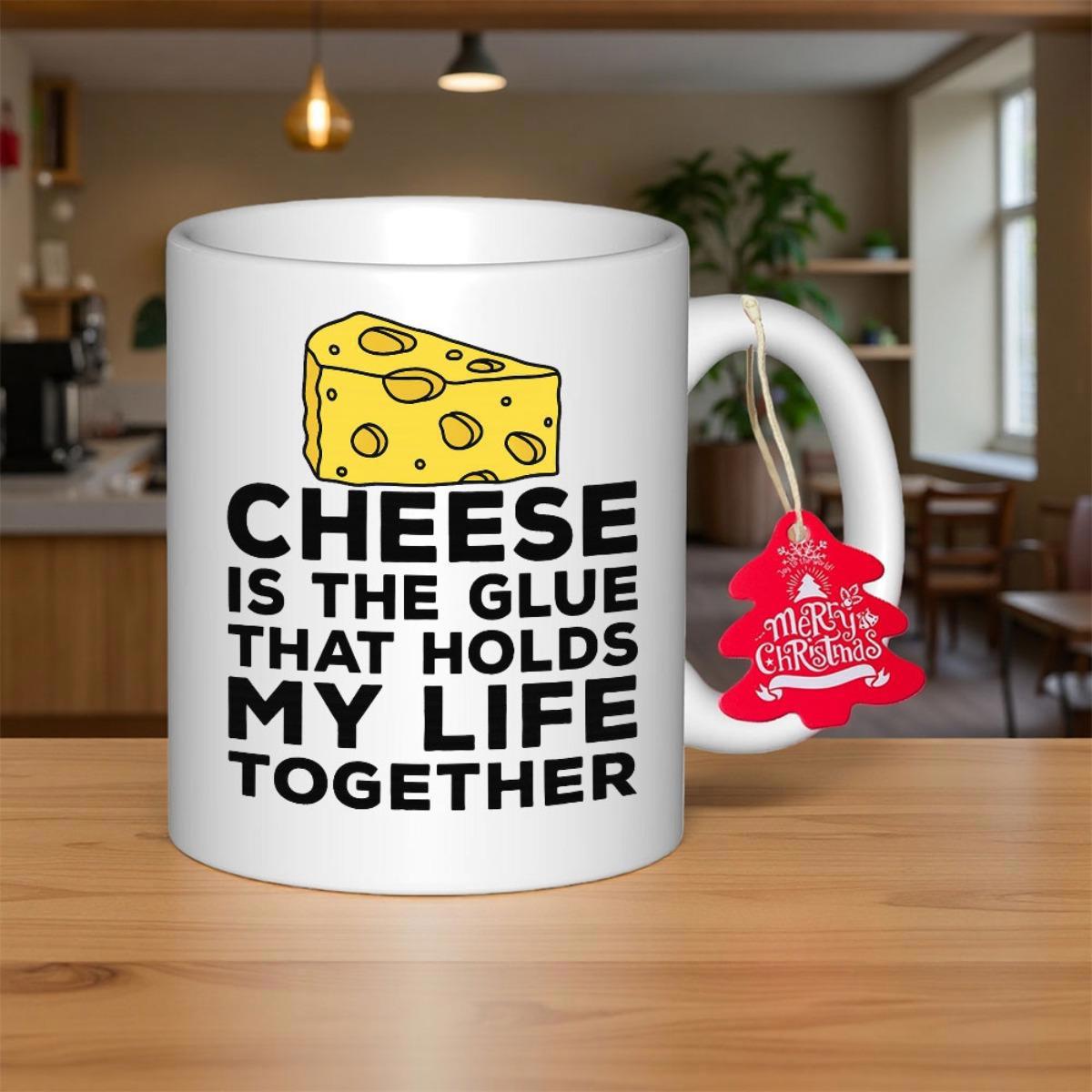 Tailorly White Ceramic 11 oz Mug - Cheese Is The Glue That Holds My Life Together Yellow Swiss Food Illustration With Holes And Bold Letters Cheese