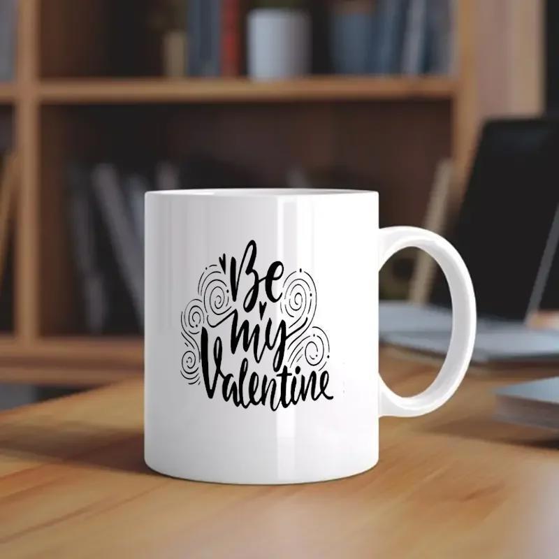 Tailorly White Ceramic 11 oz Mug - Be My Valentine Elegant Hand Lettered Script Surrounded By Artistic Swirls And Heart Accents Mug