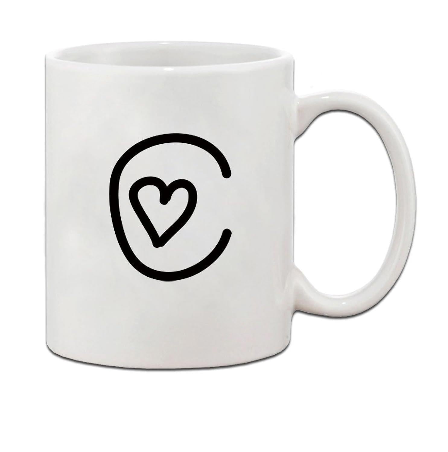 Tailorly White Ceramic 11 oz Mug - C Minimalist Hand Drawn Style Black Letter With Small Heart Mug