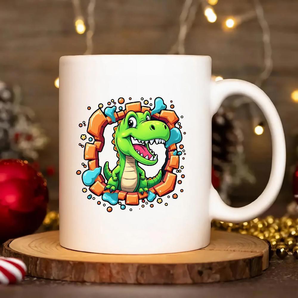 Tailorly White Ceramic 11 oz Mug - Friendly Green Cartoon Bursting Through Circular Stone Wall With Colorful Splashes Dinosaur