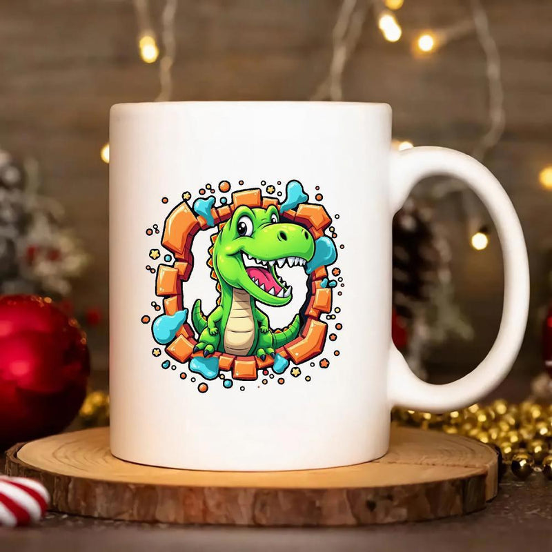 Tailorly White Ceramic 11 oz Mug - Friendly Green Cartoon Bursting Through Circular Stone Wall With Colorful Splashes Dinosaur
