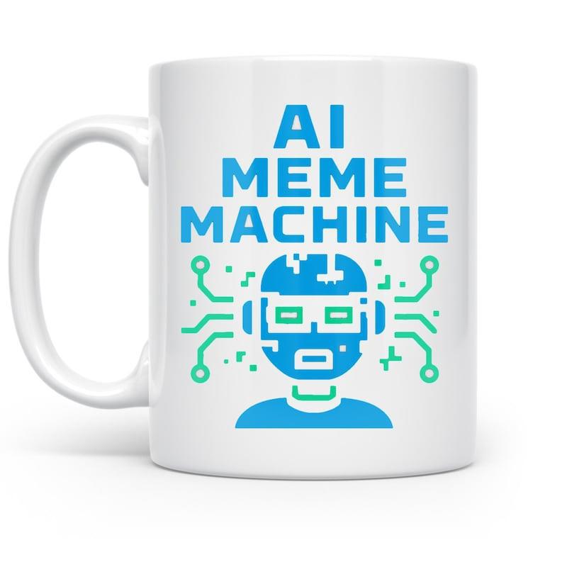 Tailorly White Ceramic 11 oz Mug - AI Meme Machine Digital Blue Tech Design With Circuit Lines Connecting To A Geometric Robot