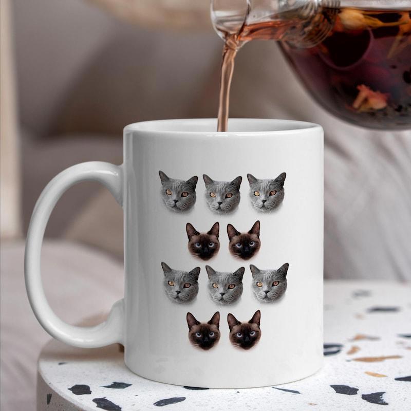 Tailorly White Ceramic 11 oz Mug - Minimalist Pattern Featuring Many Small Cute Feline Face Portraits Arranged Neatly Cat