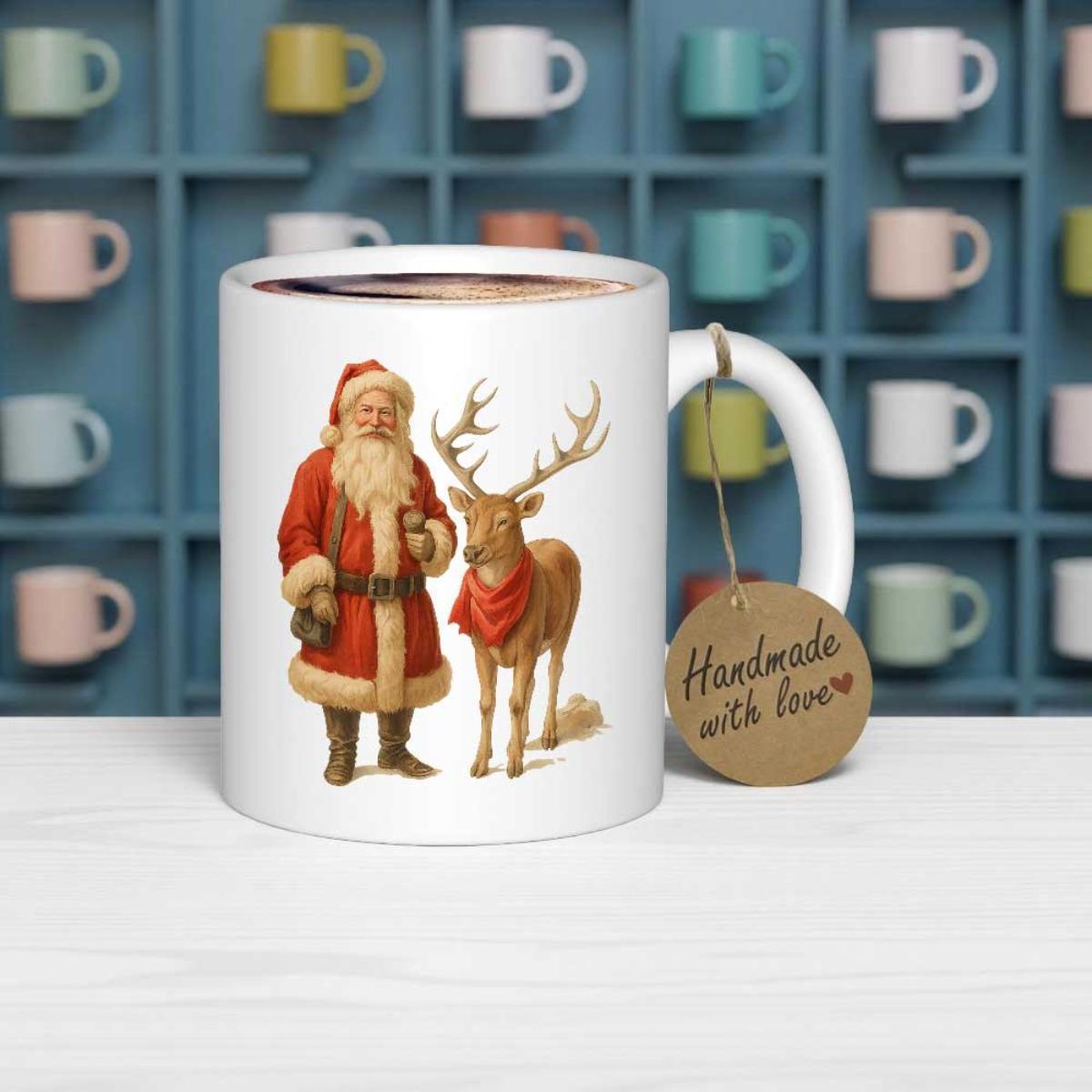 Tailorly White Ceramic 11 oz Mug - Handmade With Love Festive Vintage Illustration Of Santa Claus Standing Beside A Gentle Reindeer