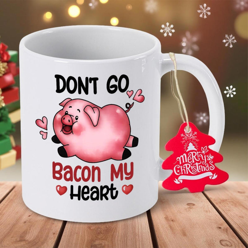 Tailorly White Ceramic 11 oz Mug - Dont Go Bacon My Heart Adorable Pink Cartoon Pig Floating Among Tiny Pink Decorative Hearts Pig