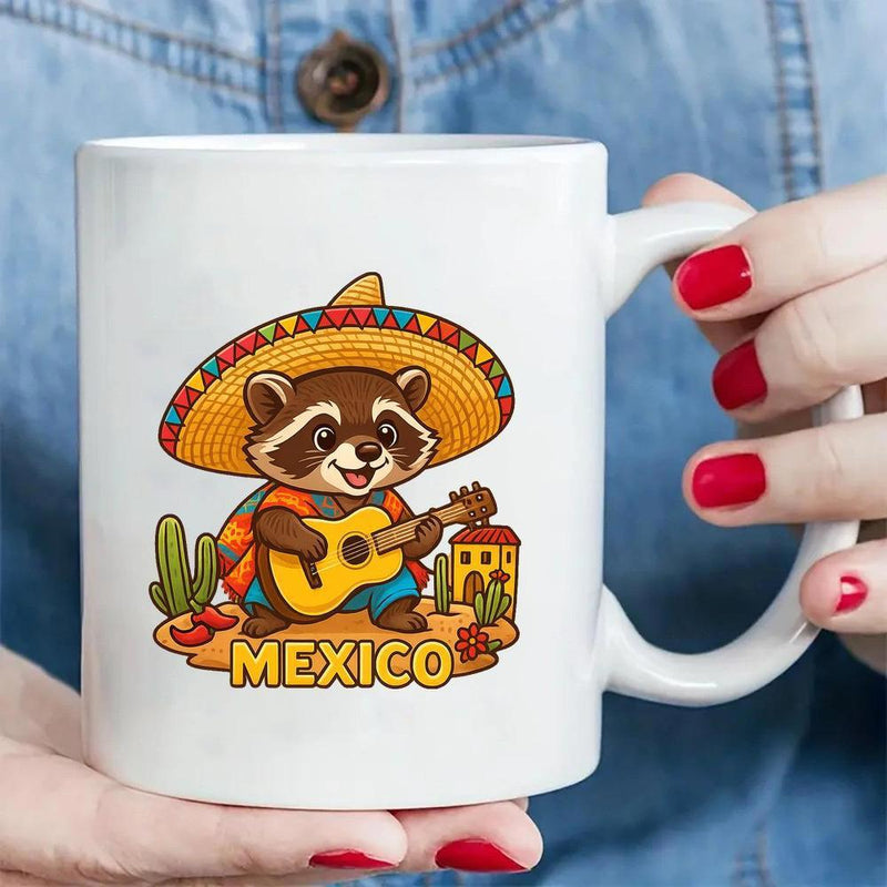 Tailorly White Ceramic 11 oz Mug - Mexico Cute Cartoon Wearing Traditional Sombrero Playing Yellow Guitar Beside Cacti Raccoon