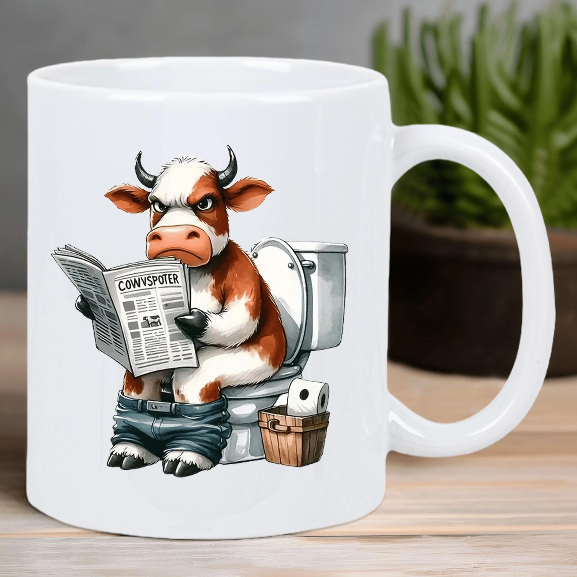 Tailorly White Ceramic 11 oz Mug - Cowspeak Humorous Brown Cow Sitting On Toilet Reading Newspaper With Serious Expression Cow
