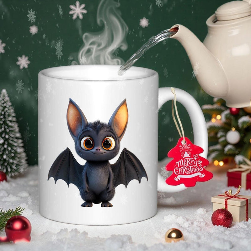 Tailorly White Ceramic 11 oz Mug - Adorable Little Night Creature With Golden Eyes And Wide Wings Bat
