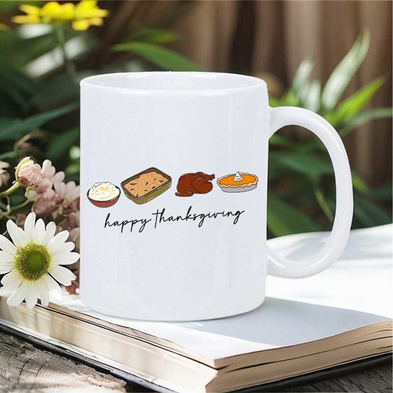 Tailorly White Ceramic 11 oz Mug - Happy Thanksgiving Festive Seasonal Food Icons Placed Centrally On Minimalist