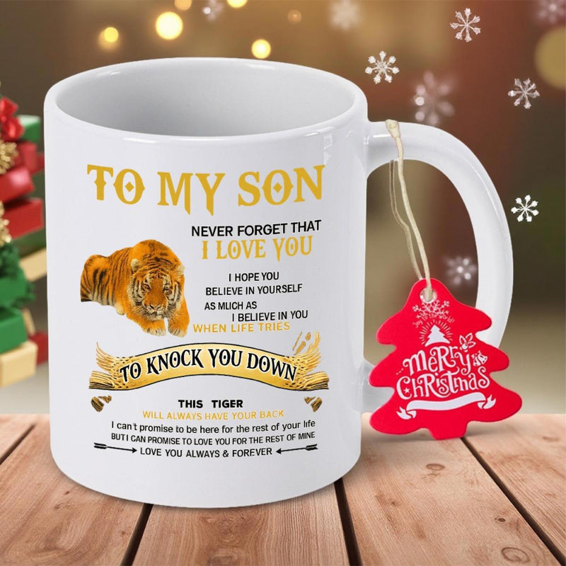 Tailorly White Ceramic 11 oz Mug - To My Son Never Forget That I Love You Majestic Wild Orange Striped Tiger Resting On A Plain Tiger