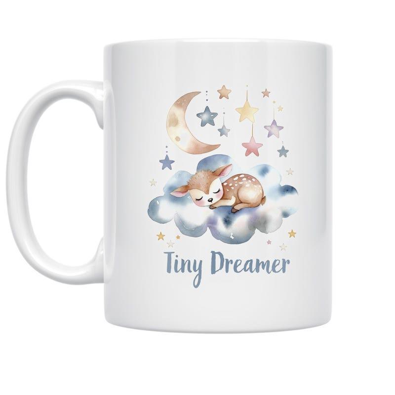 Tailorly White Ceramic 11 oz Mug - Tiny Dreamer Adorable Sleeping Fawn Resting On Soft Clouds Under A Golden Crescent Moon Fawn