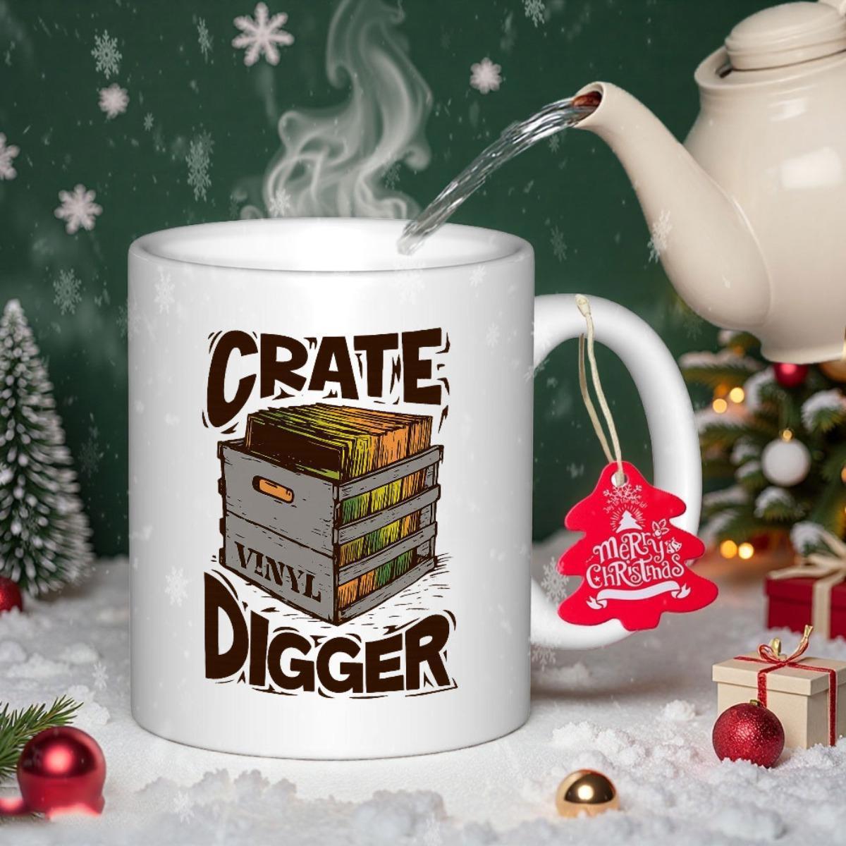 Tailorly White Ceramic 11 oz Mug - Crate Digger Vinyl Vintage Storage Box Filled With Colorful Classic Music Records Crate