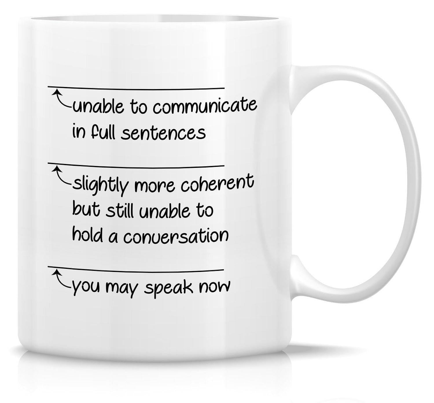 Tailorly White Ceramic 11 oz Mug - Unable To Communicate Slightly More Coherent You May Speak Now Simple Horizontal Lines With Small Decorative Arrows And