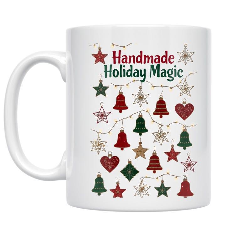 Tailorly White Ceramic 11 oz Mug - Handmade Holiday Magic Festive Red And Green Ornaments Hanging From Thin Delicate String Mug