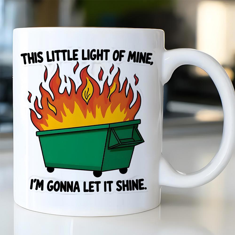 Tailorly White Ceramic 11 oz Mug - This Little Light Of Mine Im Gonna Let It Shine Vibrant Green Trash Container Engulfed In Stylized Raging Orange Fire
