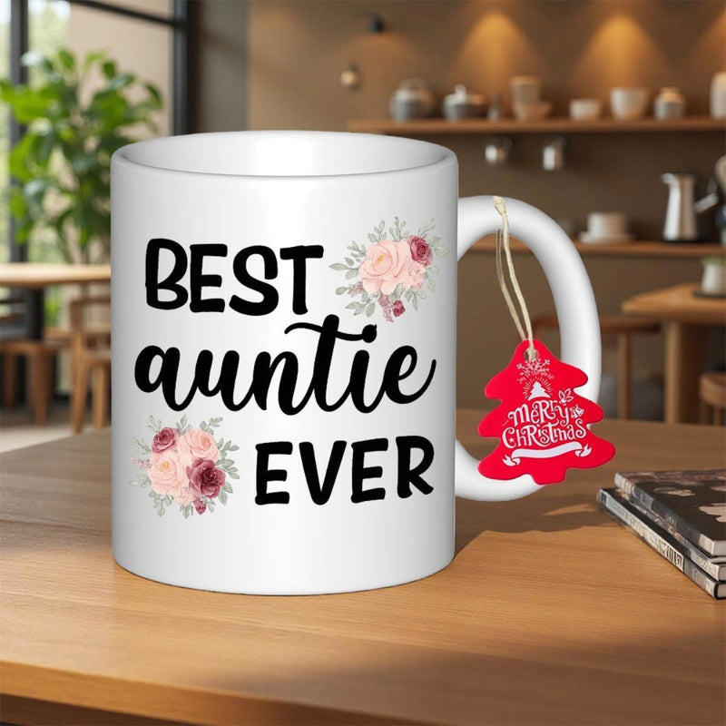 Tailorly White Ceramic 11 oz Mug - Best Auntie Ever Merry Christmas Delicate Pink Floral Blossoms On A Glossy White Ceramic Smooth Surface Mug