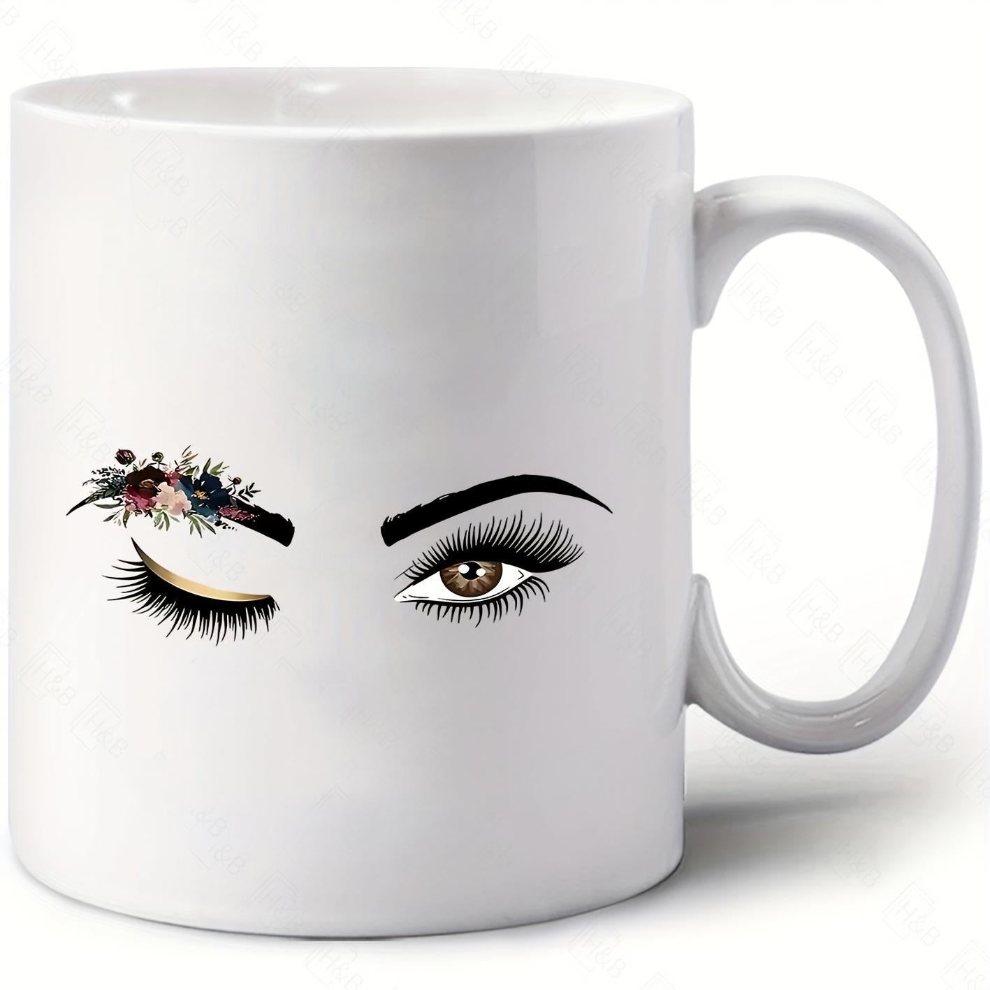 Tailorly White Ceramic 11 oz Mug - Beautiful Feminine Winking Face With Elegant Floral Lashes Eyes
