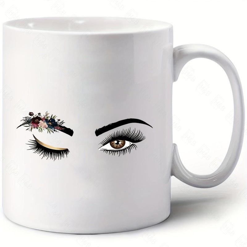 Tailorly White Ceramic 11 oz Mug - Beautiful Feminine Winking Face With Elegant Floral Lashes Eyes