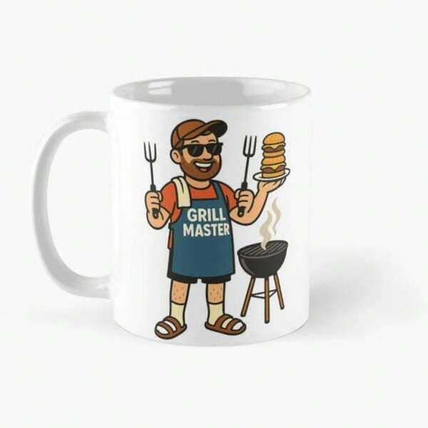 Tailorly White Ceramic 11 oz Mug - Grill Master Happy Bearded Chef Cooking Burgers Next To A Smoking Backyard Grill Man