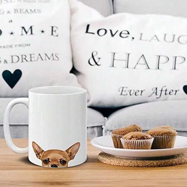 Tailorly White Ceramic 11 oz Mug - Cute Peekaboo Brown Chihuahua Head Peeking From Bottom Of Pure White Ceramic Dog