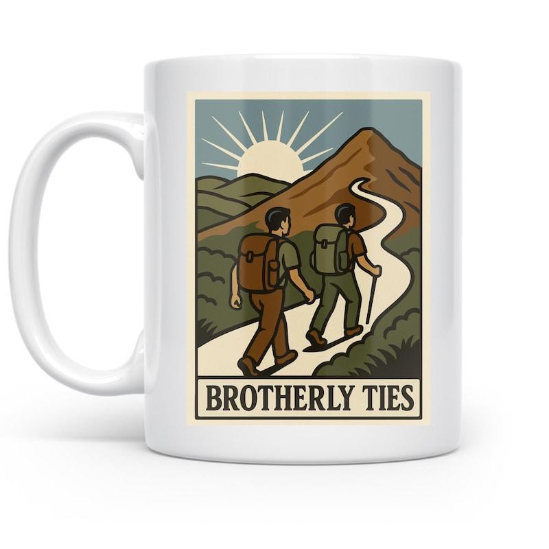 Tailorly White Ceramic 11 oz Mug - Brotherly Ties Two Hikers Walking Along A Path To A Sunlit Distant Mountain Peak Mountain