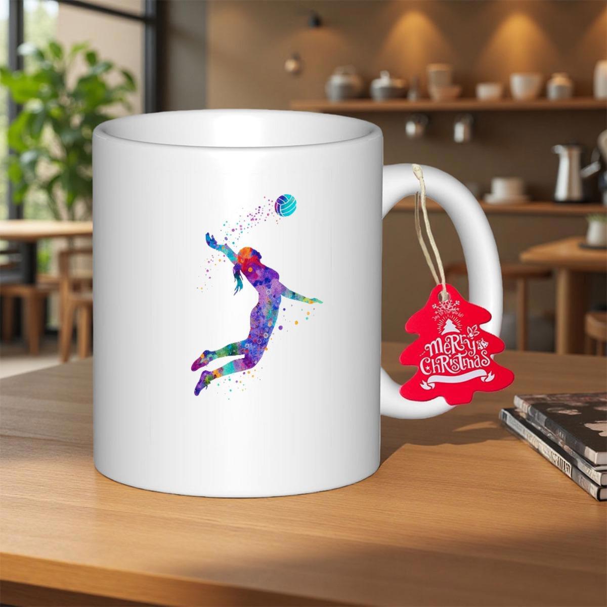 Tailorly White Ceramic 11 oz Mug - Volleyball Vibrant Watercolor Splatter Pattern Featuring An Athletic Silhouette Jumping High Athlete