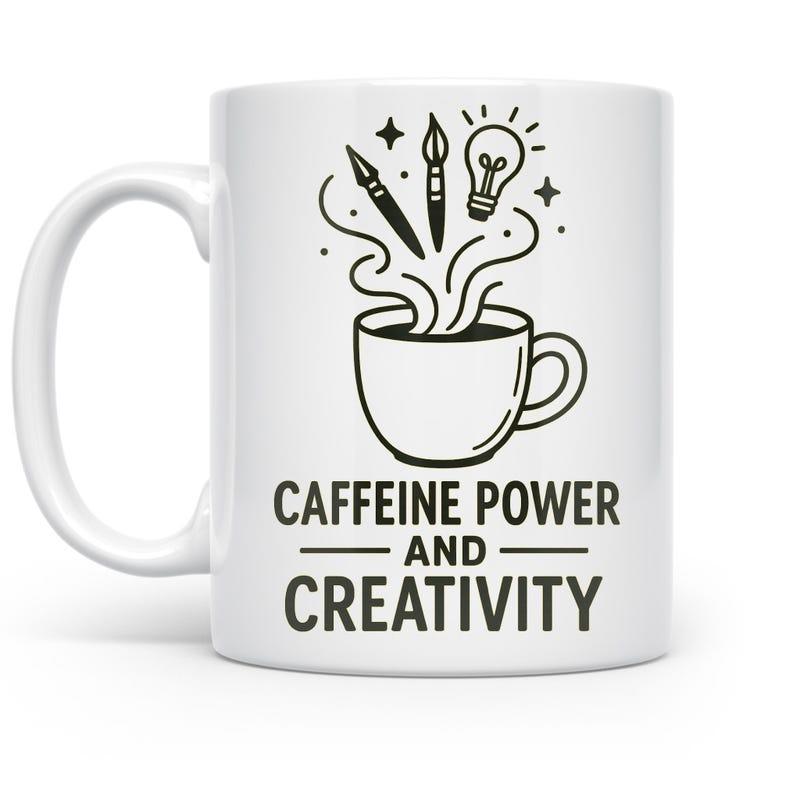 Tailorly White Ceramic 11 oz Mug - Caffeine Power And Creativity Artistic Steam Rising From A Mug Featuring Paintbrushes And Lightbulb Coffee Cup