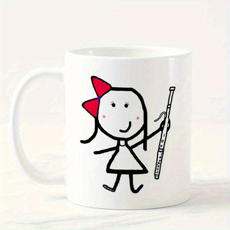 Tailorly White Ceramic 11 oz Mug - Minimalist Stick Figure Drawing With Red Bow Holding A Flute Girl