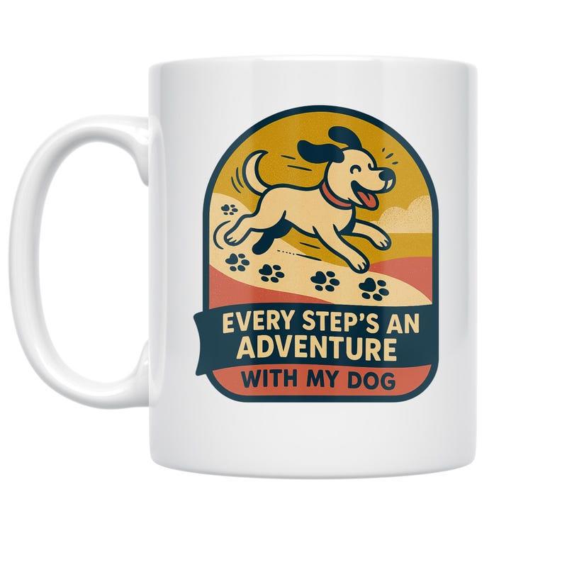 Tailorly White Ceramic 11 oz Mug - Every Step's An Adventure With My Dog Happy Cartoon Dog Running On Trail Under Warm Retro Sun Dog