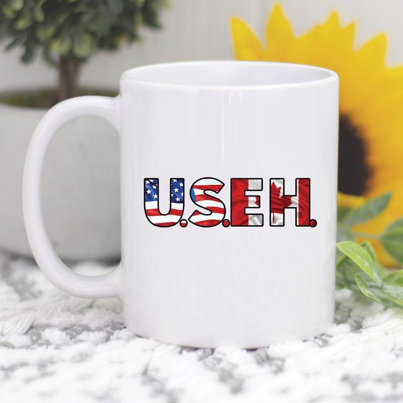 Tailorly White Ceramic 11 oz Mug - US EH Patriotic Fusion Of American And Canadian Flags Filling Bold Block Text Mug