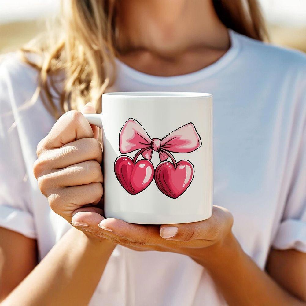 Tailorly White Ceramic 11 oz Mug - Pink Bow Connecting Two Heart Shaped Cherries In A Charming Hand Drawn Style Heart Cherry