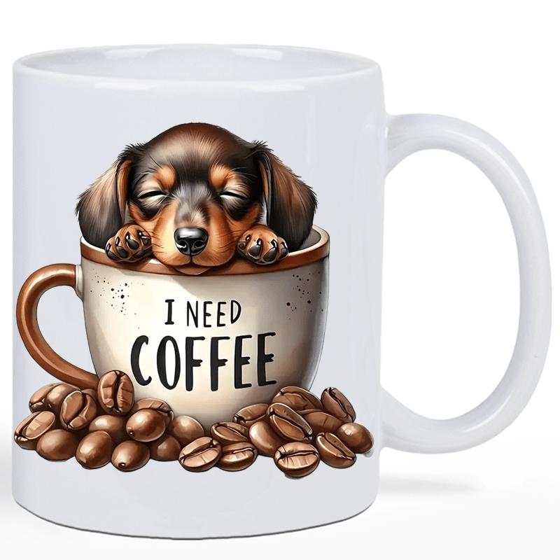 Tailorly White Ceramic 11 oz Mug - I Need Coffee Adorable Sleeping Puppy Resting Inside Small Ceramic Cup Among Roasted Beans Dachshund